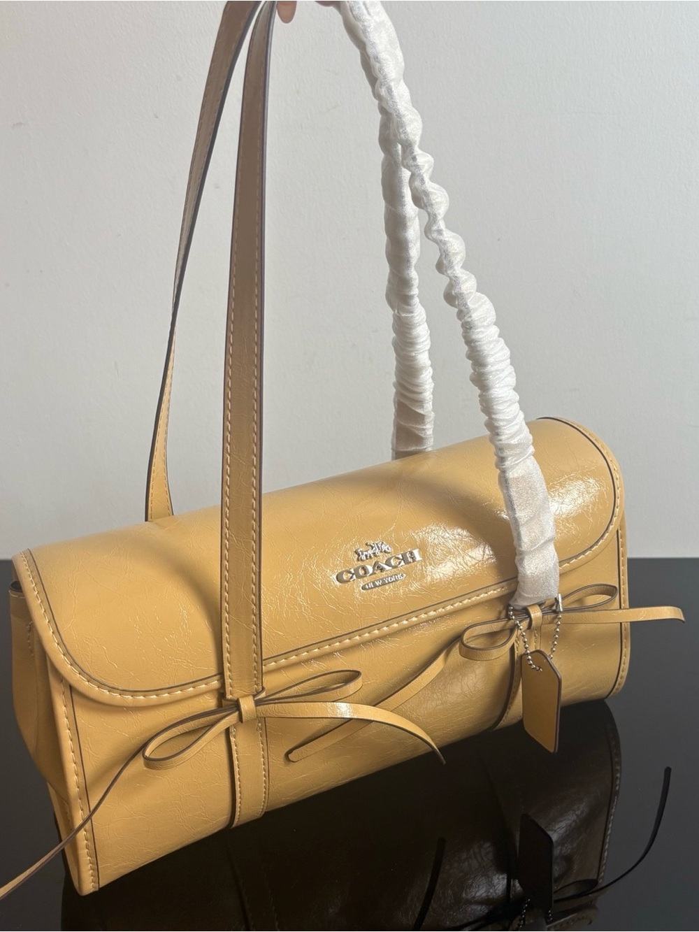 Coach Mustard Pebbled Leather Barrel Bag with Bow Accents - Picture 3 of 9